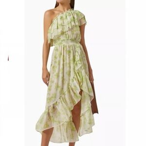 Green Floral One-Shoulder Ruffle Dress